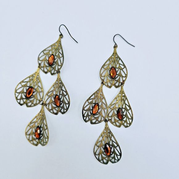 Filigree Leaf Earrings Vintage Long Chandelier Brown Marquise Gem Dangle Drop - Picture 5 of 8